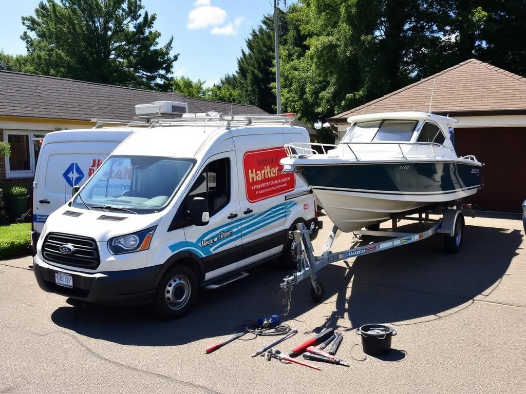 DK Mobile Marine service van parked beside a boat on a trailer