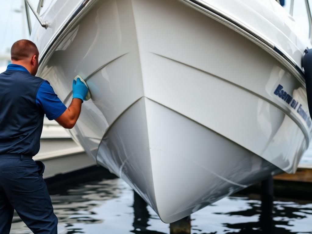 Technician detailing a boat hull at the marina